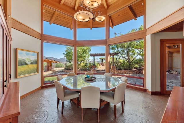 dining space featuring beamed ceiling, a notable chandelier, wood ceiling, and high vaulted ceiling