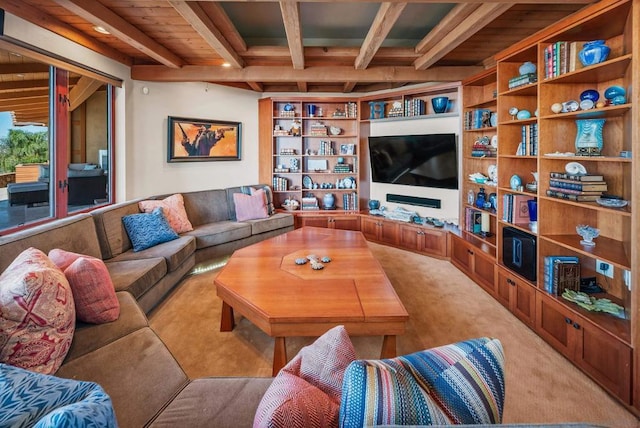 living room featuring beam ceiling, wooden ceiling, and light colored carpet