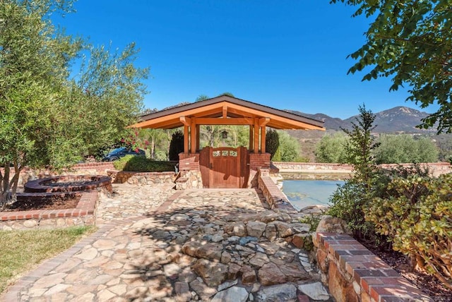 view of patio with a mountain view