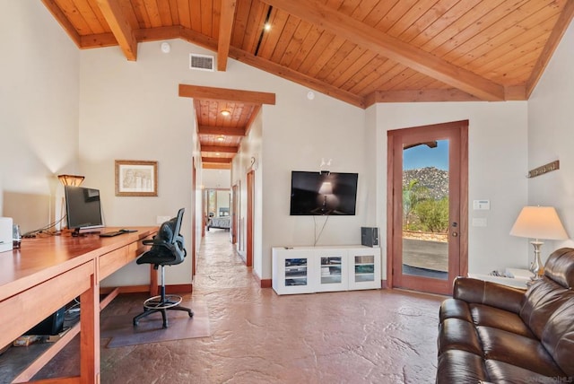 home office with beam ceiling, built in desk, high vaulted ceiling, and wooden ceiling