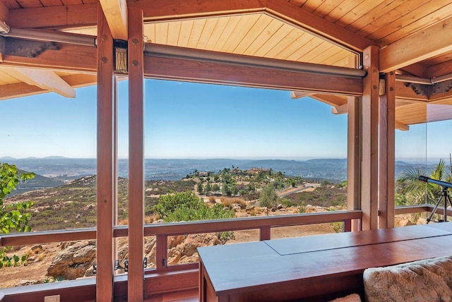 interior space featuring wooden ceiling, a mountain view, and a healthy amount of sunlight