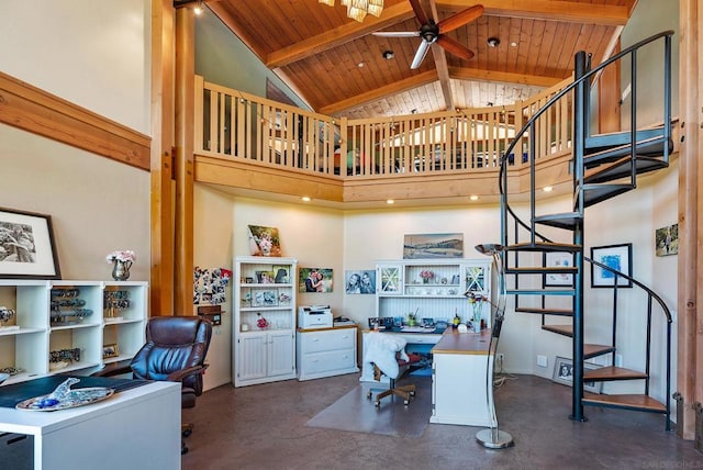 office area featuring ceiling fan, beamed ceiling, high vaulted ceiling, and wood ceiling