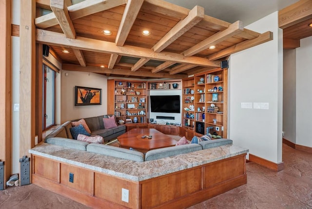 living room with beam ceiling, built in shelves, and wood ceiling