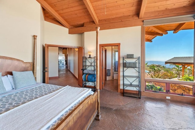 bedroom with vaulted ceiling with beams and wooden ceiling