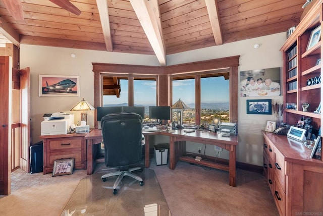 carpeted office space featuring beamed ceiling and wood ceiling