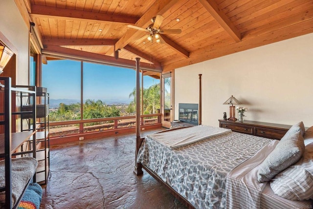 bedroom with lofted ceiling with beams, ceiling fan, and wooden ceiling