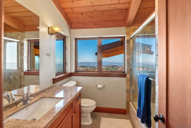 full bathroom with beamed ceiling, vanity, toilet, and wooden ceiling