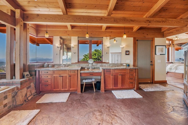 bathroom with beam ceiling, vanity, and wood ceiling