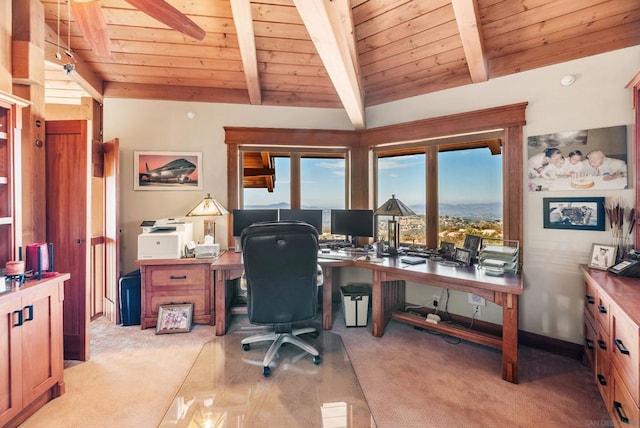 carpeted office with lofted ceiling with beams and wood ceiling