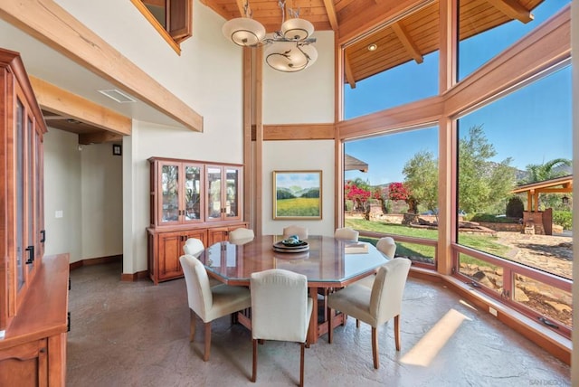 dining space with beam ceiling, high vaulted ceiling, and wood ceiling