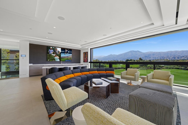 view of patio / terrace with a mountain view and an outdoor living space