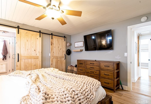 bedroom with ceiling fan and light hardwood / wood-style floors