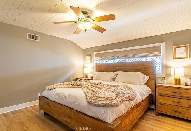 bedroom featuring light wood-type flooring, wood ceiling, vaulted ceiling, and ceiling fan