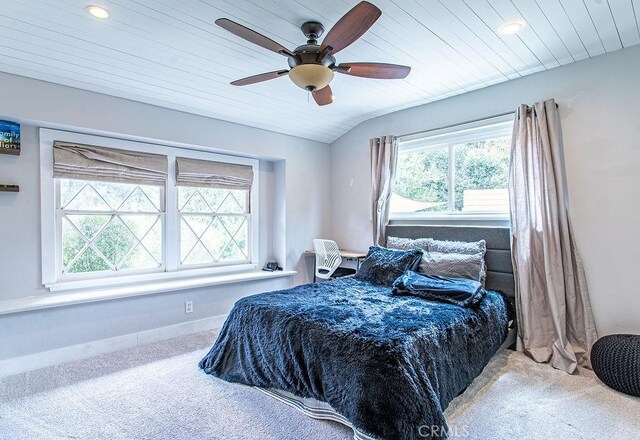 24143 Cross St, Newhall, CA 91321 - bedroom featuring carpet floors, lofted ceiling, a ceiling fan, and wooden ceiling