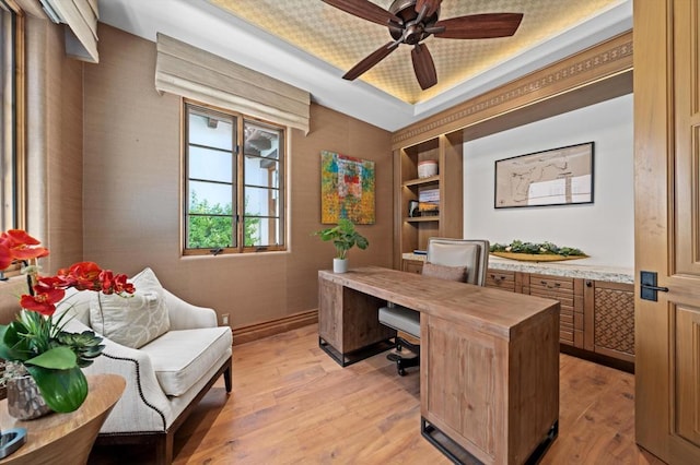 office featuring ceiling fan and light hardwood / wood-style floors