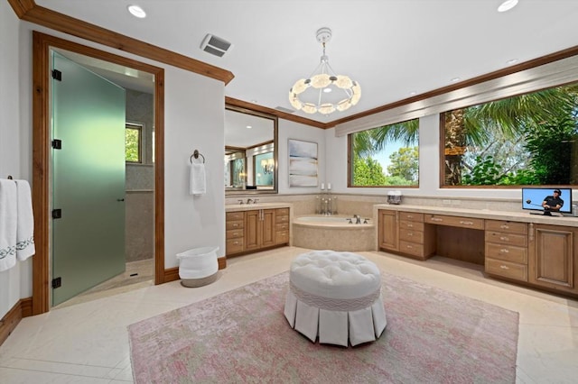 bathroom with ornamental molding, vanity, separate shower and tub, and a wealth of natural light