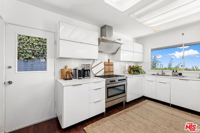 kitchen featuring wall chimney exhaust hood, sink, white cabinetry, tasteful backsplash, and stainless steel range