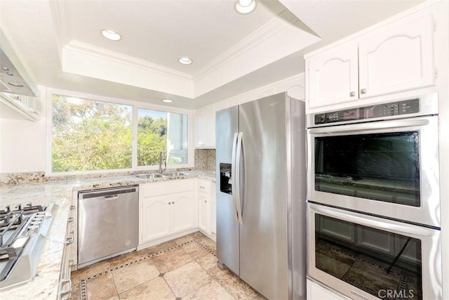 kitchen featuring stainless steel appliances, a tray ceiling, a sink, and white cabinets