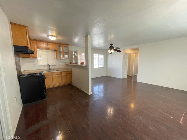 kitchen featuring sink, dark hardwood / wood-style floors, ceiling fan, kitchen peninsula, and black range