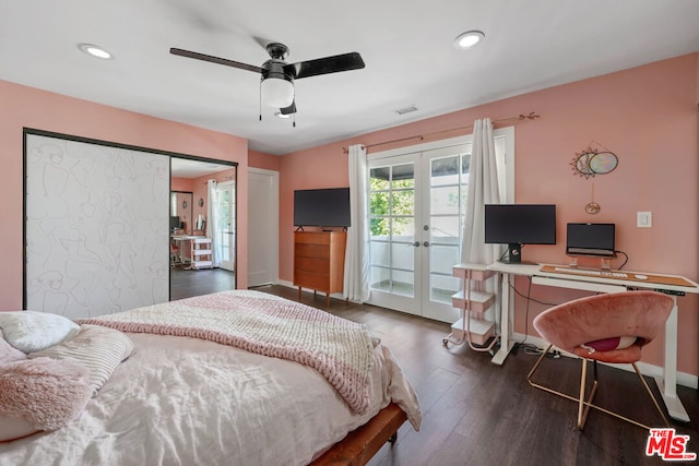 bedroom featuring french doors, dark wood-type flooring, access to exterior, and ceiling fan