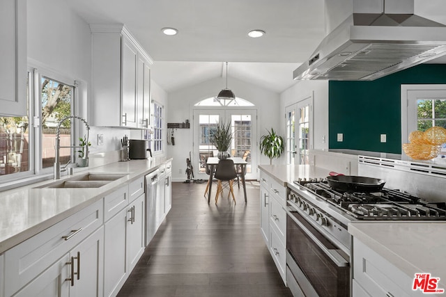 kitchen with sink, wall chimney exhaust hood, plenty of natural light, and stainless steel appliances