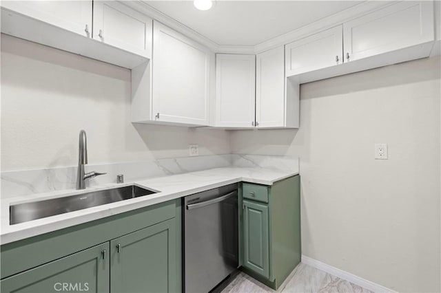 kitchen with dishwasher, white cabinetry, and sink