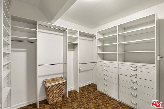 spacious closet with dark parquet floors