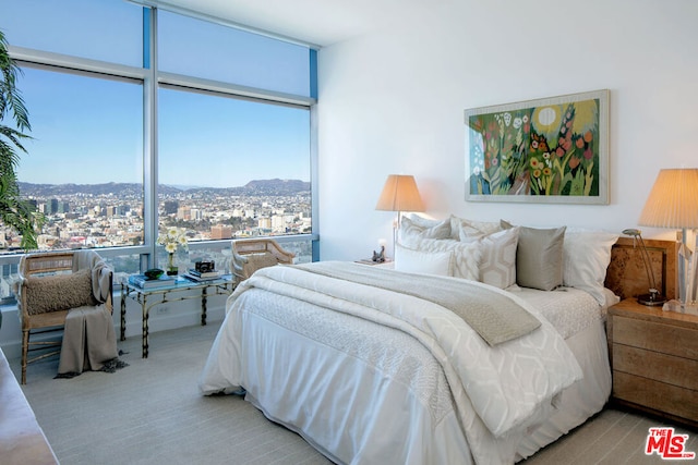 bedroom featuring light carpet and expansive windows