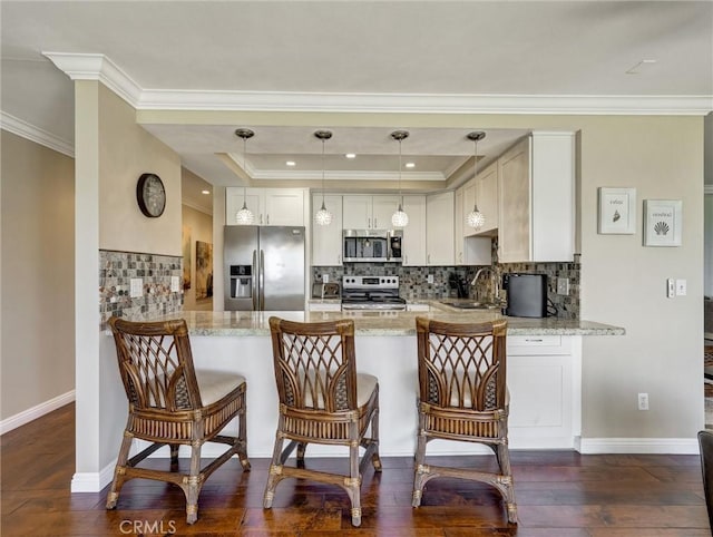 kitchen with a peninsula, appliances with stainless steel finishes, dark wood-style floors, and decorative backsplash