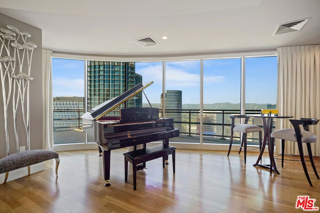 miscellaneous room with a wall of windows, light hardwood / wood-style flooring, and plenty of natural light