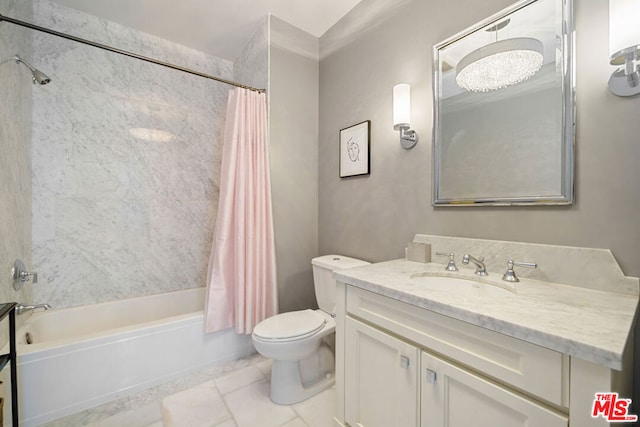 full bathroom featuring tile patterned floors, shower / bath combo, vanity, and toilet