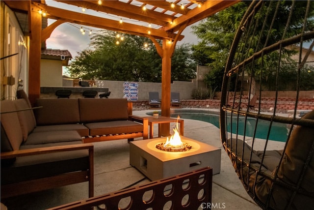 patio terrace at dusk with a pergola, an outdoor living space with a fire pit, and a fenced in pool