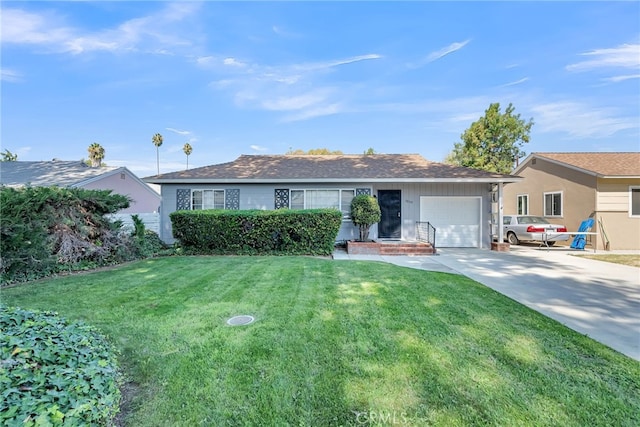 ranch-style house with a front yard and a garage