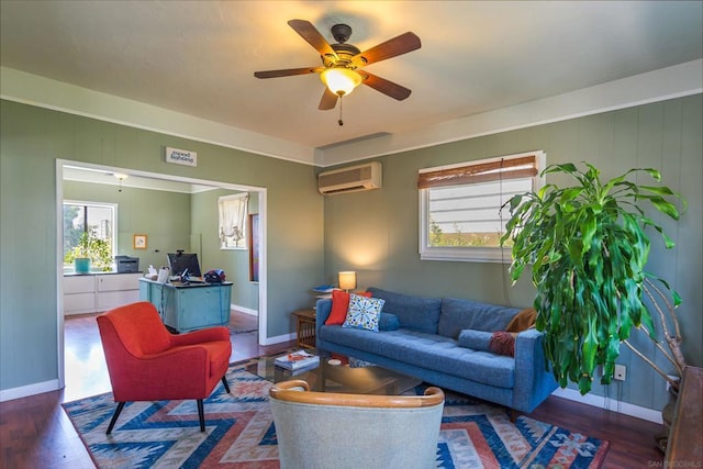 living room with an AC wall unit, ceiling fan, and dark hardwood / wood-style flooring