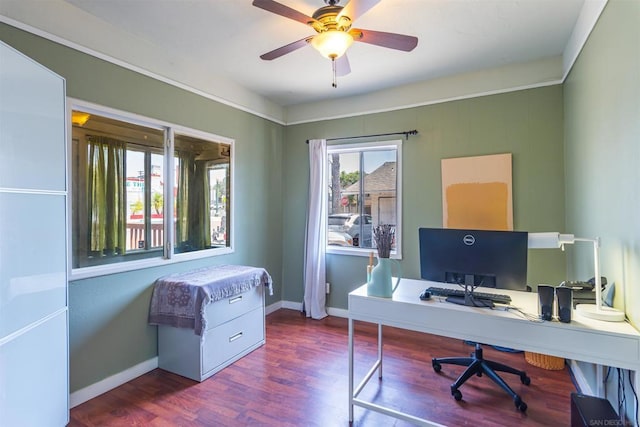 office area with ceiling fan and hardwood / wood-style floors