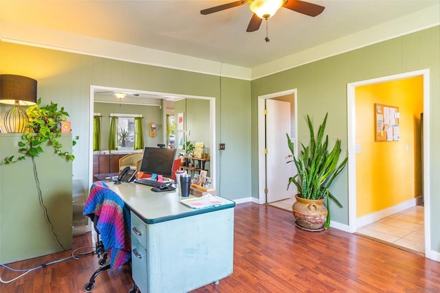 office area featuring hardwood / wood-style flooring and ceiling fan