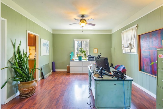 office area with dark hardwood / wood-style floors, ceiling fan, and wooden walls