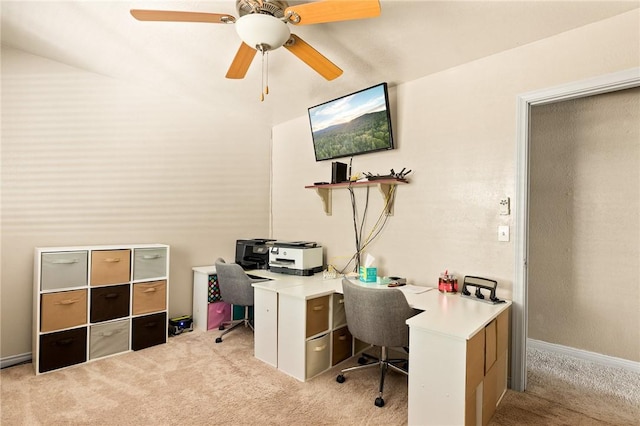 carpeted office with ceiling fan