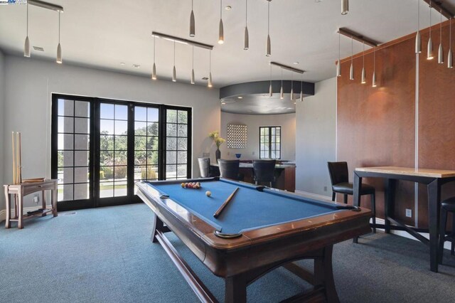 rec room featuring carpet, french doors, and pool table