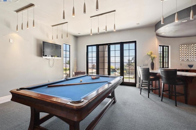 recreation room featuring carpet flooring, a wealth of natural light, french doors, and pool table