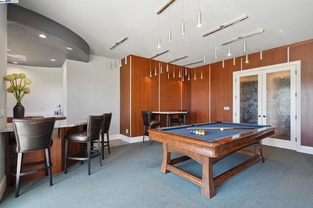 game room with french doors, dark carpet, and billiards