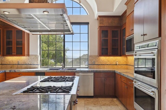 kitchen featuring appliances with stainless steel finishes, sink, a healthy amount of sunlight, and exhaust hood