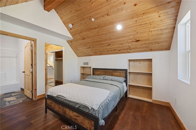 bedroom with ensuite bath, wood ceiling, vaulted ceiling, and dark wood-type flooring