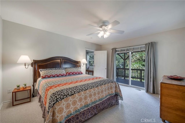 carpeted bedroom featuring ceiling fan and access to outside