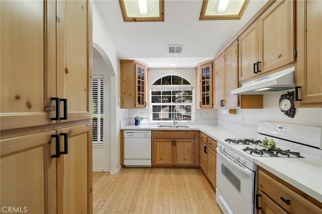 kitchen with sink, light hardwood / wood-style floors, and white appliances