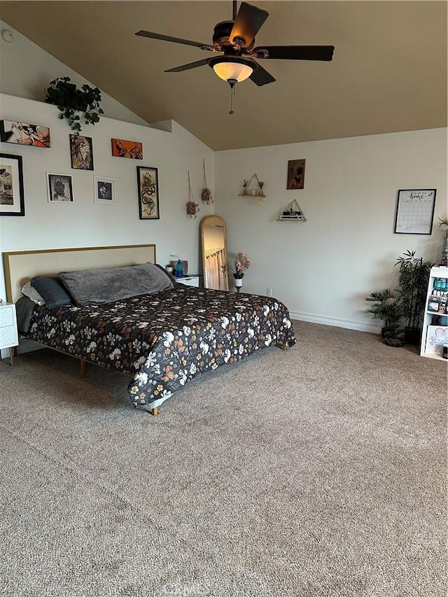 carpeted bedroom with a ceiling fan and lofted ceiling