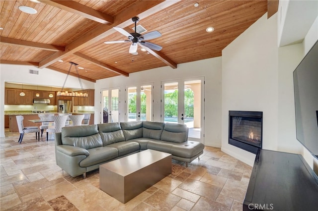 living room featuring ceiling fan, wooden ceiling, high vaulted ceiling, and french doors