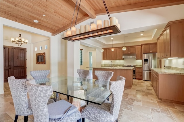 dining area featuring wooden ceiling, lofted ceiling with beams, and a notable chandelier