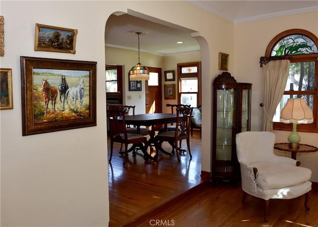 dining space with dark hardwood / wood-style floors and ornamental molding