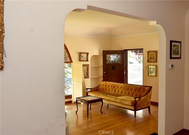 interior space featuring ornamental molding, a healthy amount of sunlight, and wood-type flooring